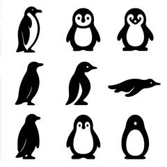 Obraz premium Cute penguin silhouettes in various poses on grey background