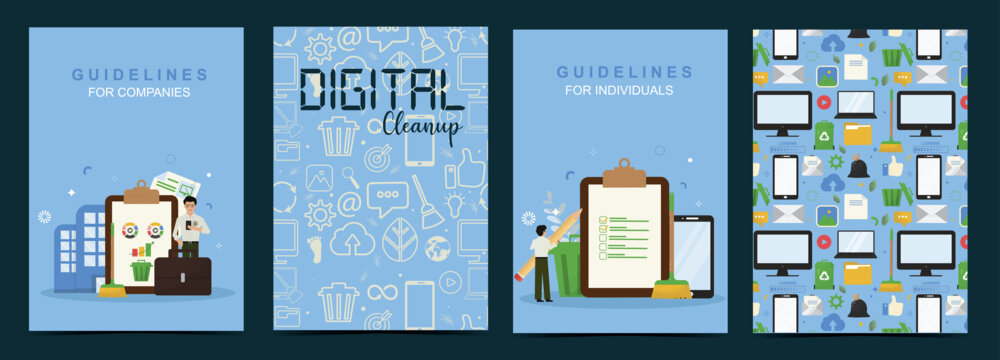 Four flat design mockup covers for Digital Cleanup Day guidelines, including for companies and individuals ideal for brochures and handbooks. Digital sobriety. Vector illustration