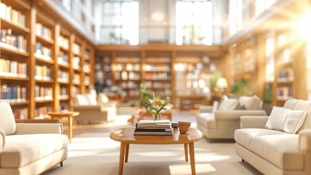 Bright and airy library interior featuring bookshelves and comfortable seating arrangements.