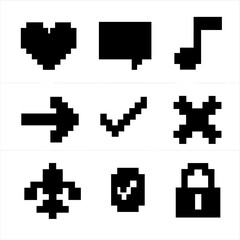 Fototapeta premium Pixelated black icons set on gray background - heart, chat, note, arrow, check