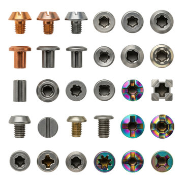 meticulously organized flat lay of precision metal fastener heads (copper, titanium, steel) with complex drive patterns against a transparent background, showcasing metallurgical texture. concept of