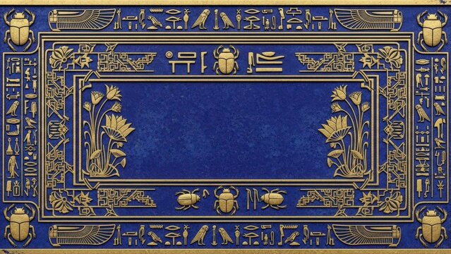 Ancient Egyptian Blue and Gold Hieroglyphic Border with Scarab Beetles and Lotus Flowers.
