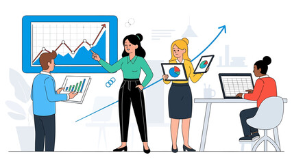 Team analyzing financial growth charts on a digital whiteboard with charts and graphs demonstrating success in a modern office setting