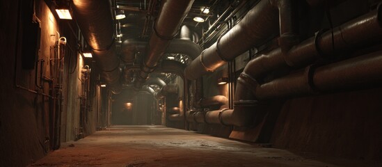Industrial corridor with pipes and overhead lighting dramatic interior