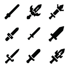 Black silhouette sword icons collection on dark background