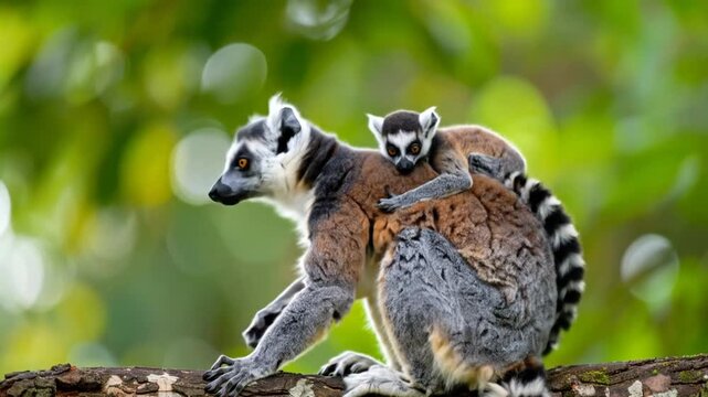 A ring-tailed lemur with a juvenile, perched on a tree branch, set against a blurred green backdrop