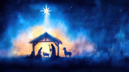 Nativity Scene in Blue Colors Watercolor Illustration