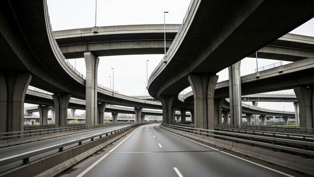 Complex network of elevated highways and overpasses converging in a modern urban landscape.