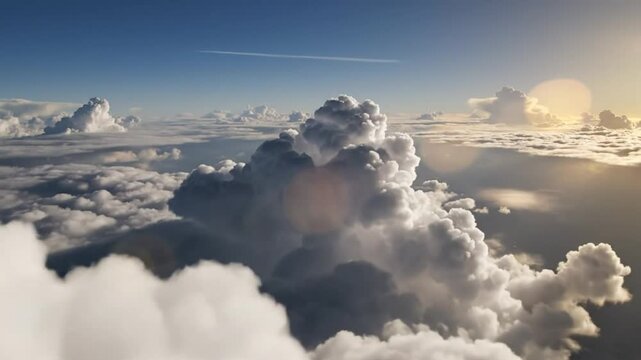 Breathtaking aerial view of fluffy white clouds in a bright blue sky with a visible contrail and sun.