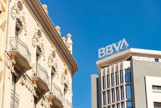 Valencia, Spain - March 30, 2025: A picture of the BBVA sign atop a building.
