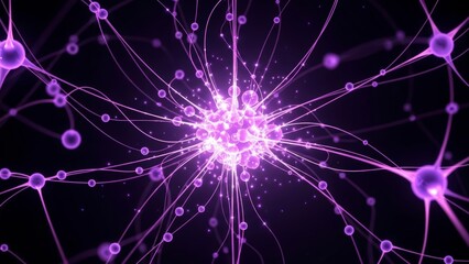 Vibrant Purple Neurons Firing in a Complex Neural Network.