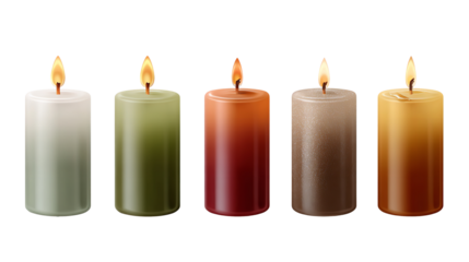 Burning wax candles with green, orange, brown color gradient on white background isolated
