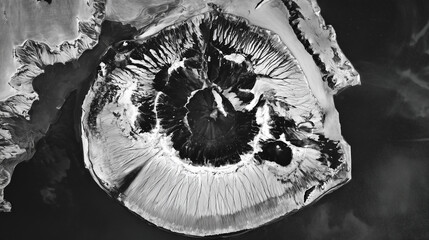 Black-and-white satellite image of a newborn island glowing with geothermal energy in glacial waters.