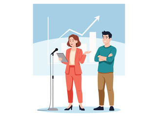 professional woman in a suit speaks into a microphone, holding a tablet, next to a smiling man with crossed arms. A background graph shows positive growth.