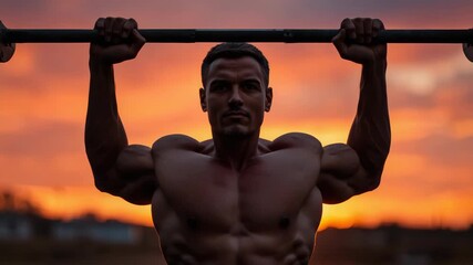 Muscular male fitness pull up bar sunset silhouette with dramatic orange sky and determined - Powered by Adobe