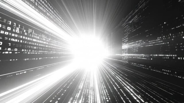 A bright light emitting through digital binary code lines, creating a tunnel-like perspective