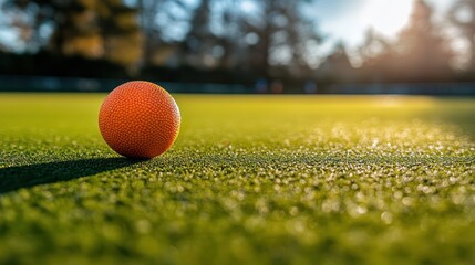 Orange ball on green field, sunset, outdoor game.  Sports background image
