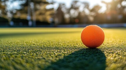 Orange ball on green field at sunset; outdoor sports