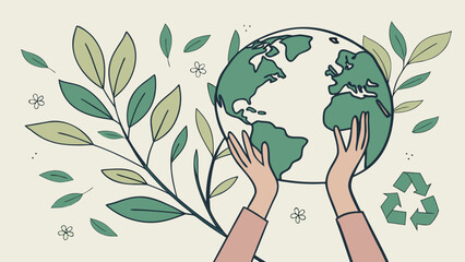 Hands holding a green tree over a global earth map concept representing environmental protection and nature ecology care to save the planet