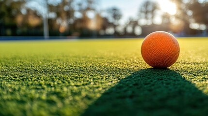 Orange hockey ball on field at sunset; sport background