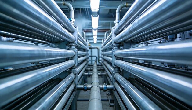 Inside factory plumbing system with steam, industrial pipes hallway, manufacturing equipment background,.