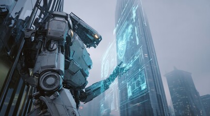 Futuristic robot interacting with digital interface near tall skyscraper