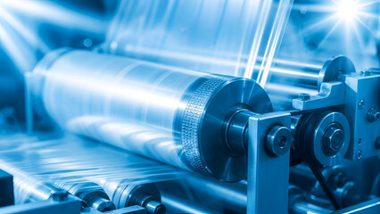 The operation of automatic plastic bag production machine with lighting effect. Close-up of the roller of the plastic bag production machine in the light blue scene