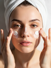 Young woman with a towel on her head applies moisturizer to her radiant face in a close-up shot showcasing her daily skincare routine