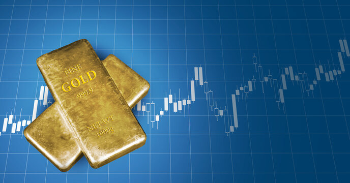 1 Kilo pure gold bars on digital candle chart showing upward trend of pricing
