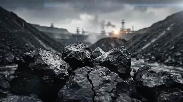 Black and white view of a coal mine with a focus on coal in the foreground, under a rainy sky.
