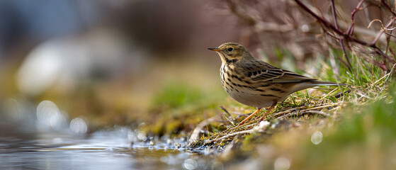 Close-up of a Meadow Pipit Bird Foraging at the Edge of a Clear Pond
