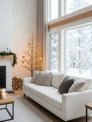 Cozy modern living room with a white sofa, fireplace, and glowing holiday tree overlooking a serene snowy forest