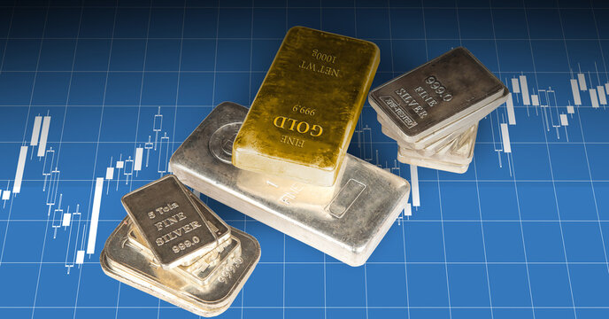 Gold and Silver Bars on digital screen showing candle going upwards