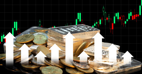 Price of Gold and Silver in upward trend showing with candle on the background