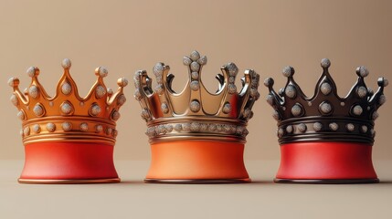 Three golden crowns on red bases, neutral background, royalty concept, website header