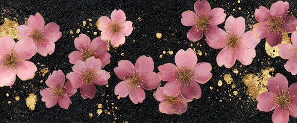 Black matte textured stationery with sakura repeat pattern, gold foil petals and watercolor gradients, ultra high resolution 32k