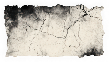 Aged paper texture with torn edge, cracked surface, vintage distressed look, black and white grunge, suitable for backgrounds or design projects