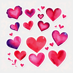 A collection of colorful watercolor hearts in various sizes and shades of pink and purple