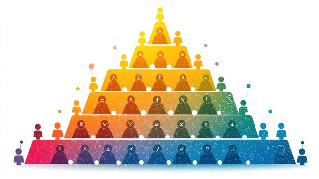 Hierarchical team structure pyramid chart; colorful icons; collaboration; business strategy; infographic use