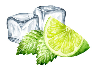 Fresh citrus Lime, mint and Ice cubes, crystal ice blocks, Hand painted watercolor illustration isolated on white background