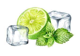 Fresh citrus Lime, mint and Ice cubes, crystal ice blocks. Hand painted watercolor illustration, isolated on white background