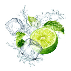 Fresh citrus Lime, mint leaves, Ice cubes and splash of crystal water. Hand painted watercolor illustration, isolated on white background