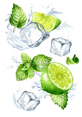 Ice cubes with lime, mint leaves and splash of crystal water. Hand drawn watercolor illustration isolated on white background