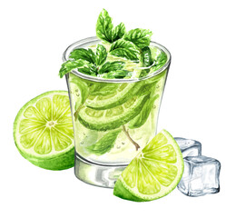 Mojito Glass, Cold fresh lemonade, cool summer drink with lime and mint. Hand painted watercolor illustration isolated on white background