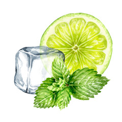 Fresh citrus Lime slice, mint and Ice cube, crystal ice block. Hand painted watercolor illustration isolated on white background