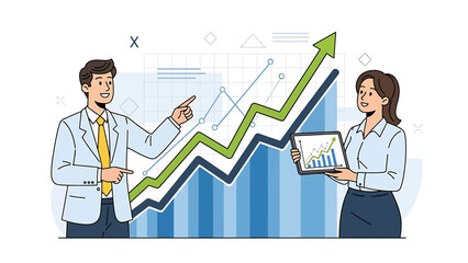 Business professionals analyzing financial data and celebrating significant business growth on an upward trending chart, symbolizing successful strategy and financial success