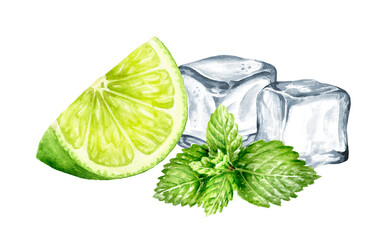 Fresh citrus Lime slice, mint and Ice cubes, crystal ice blocks. Hand painted watercolor illustration isolated on white background