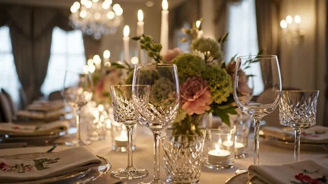 Elegant dining table setting for a special occasion featuring candles, flowers, and crystal glassware for a memorable event