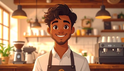 Smiling animated male character standing confidently in a cozy café interior, representing friendliness, modern lifestyle, and creative illustration style.
