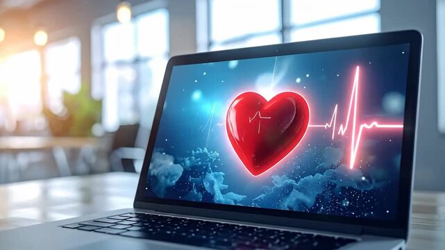Laptop displaying a digital red heart with heartbeat line on blue background, promoting health.